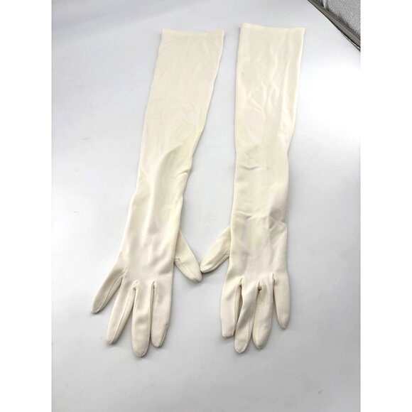 Vintage Long White Satin Gloves W/ Button Accents Womens Elegant Evening Wear Si - Picture 2 of 4